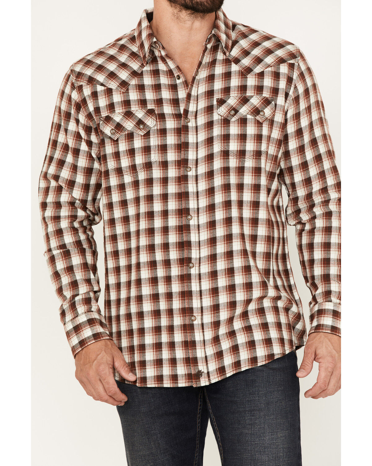 Image #4 - Moonshine Spirit Men's Dirt Runner Plaid Print Snap Western Flannel Shirt, Cream, hi-res