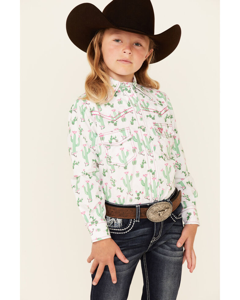 Cowgirl Hardware Girls' White Cactus Print Long Sleeve Snap Western ...