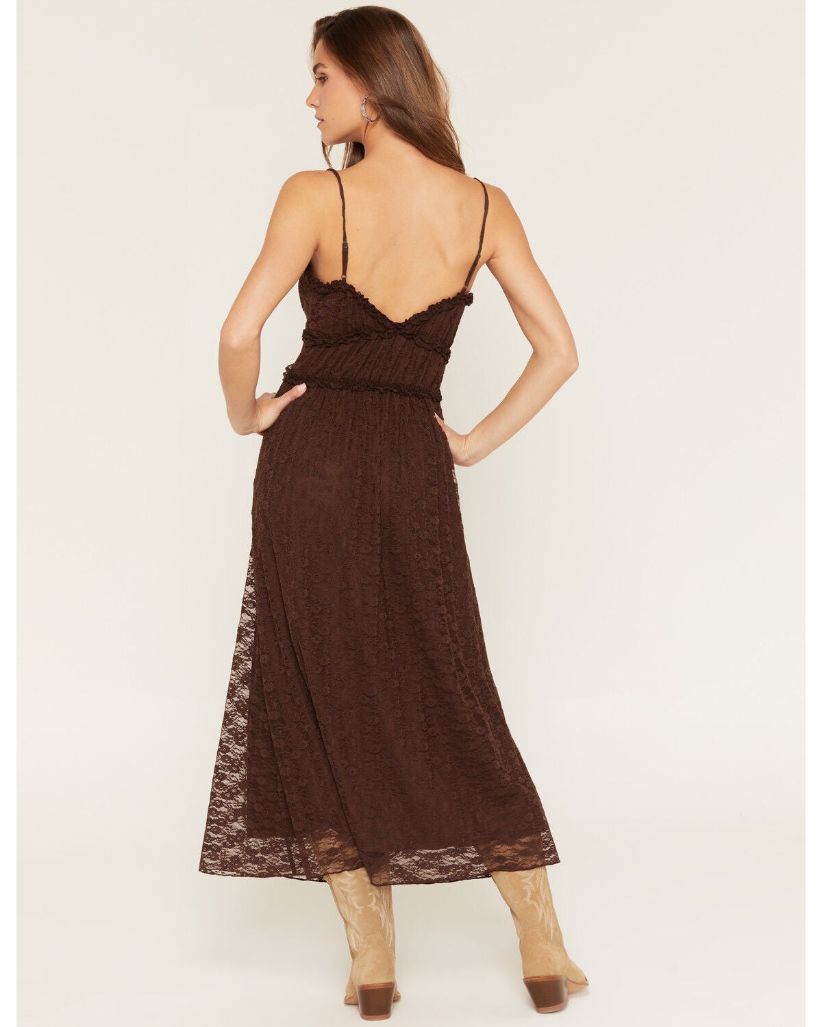 Image #4 - Originality Women's Solid Lace Sleeveless Midi Dress, Brown, hi-res