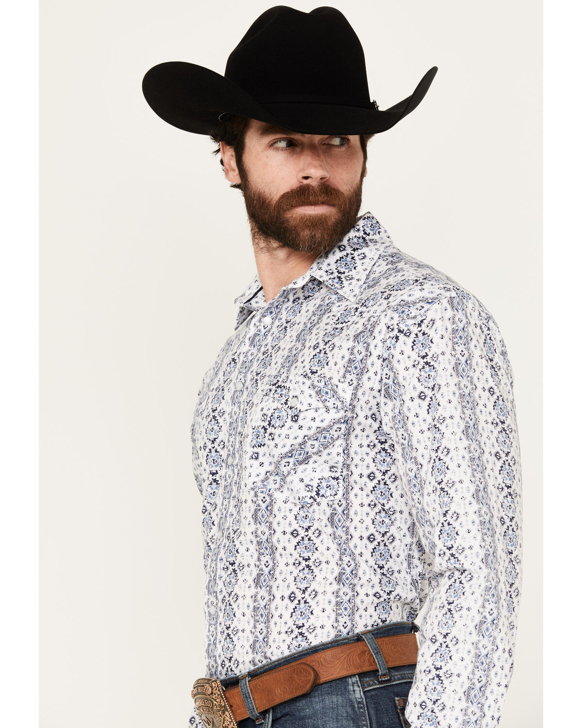 Image #2 - Rough Stock by Panhandle Men's Southwestern Print Long Sleeve Pearl Snap Western Shirt, Blue, hi-res