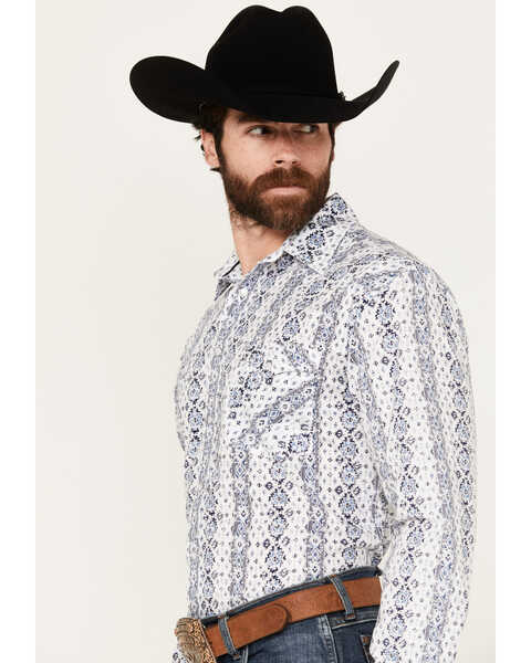 Rough Stock by Panhandle Men's Southwestern Print Long Sleeve Pearl Snap Western Shirt, Blue, hi-res