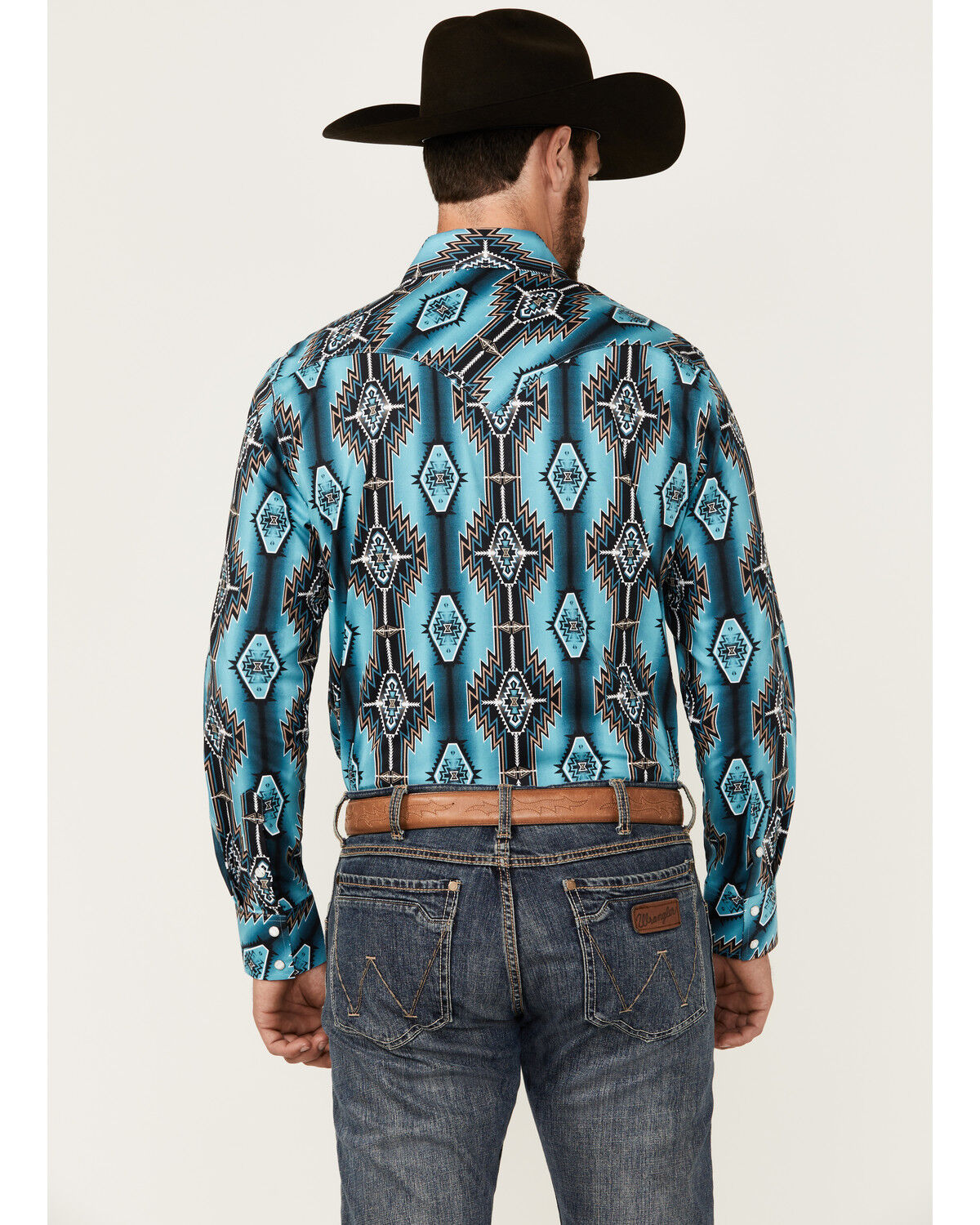 Image #4 - Rock & Roll Denim Men's Southwestern Print Long Sleeve Snap Stretch Western Shirt, Teal, hi-res