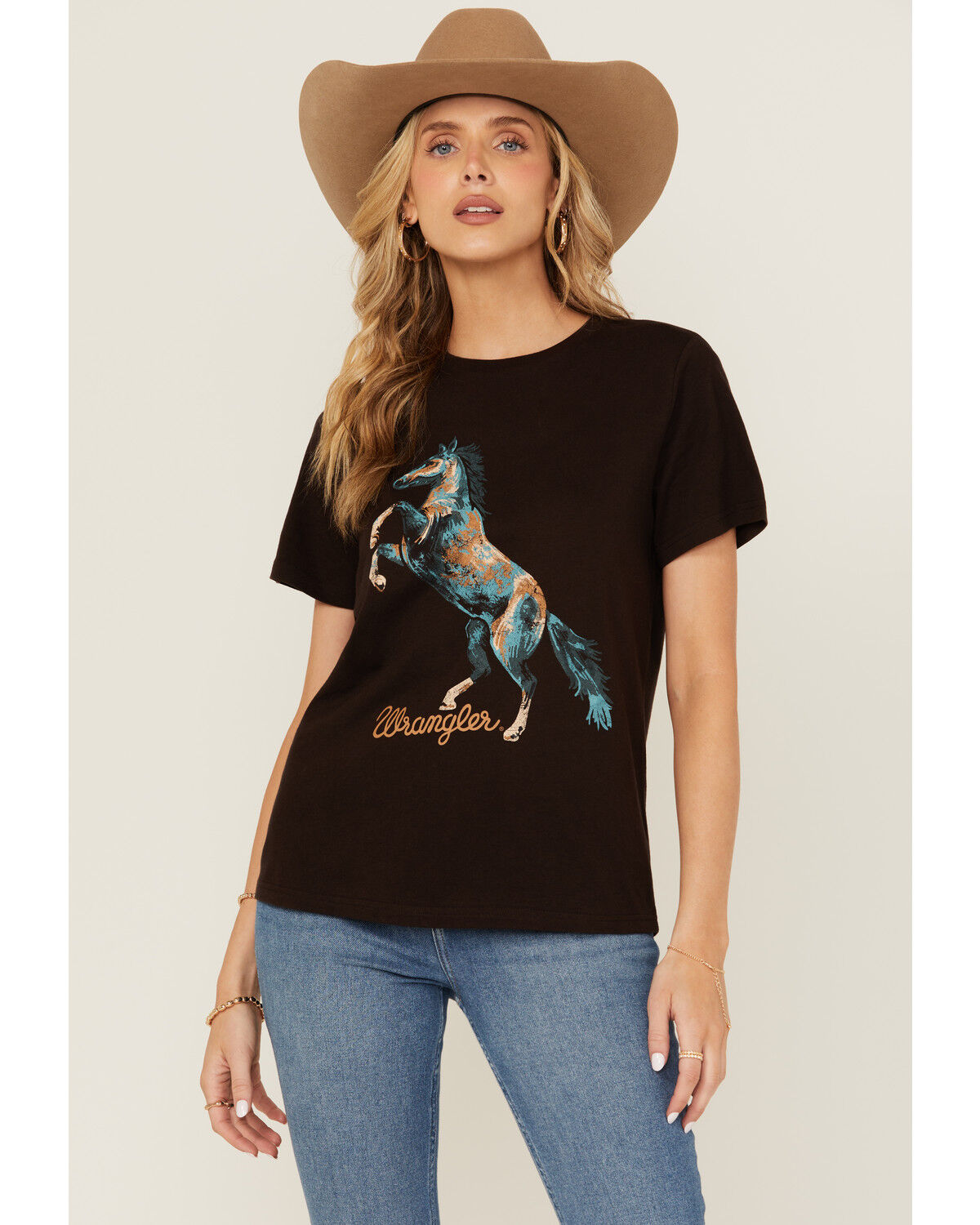 Image #1 - Wrangler Women's Horse Logo Short Sleeve Graphic Tee, Brown, hi-res
