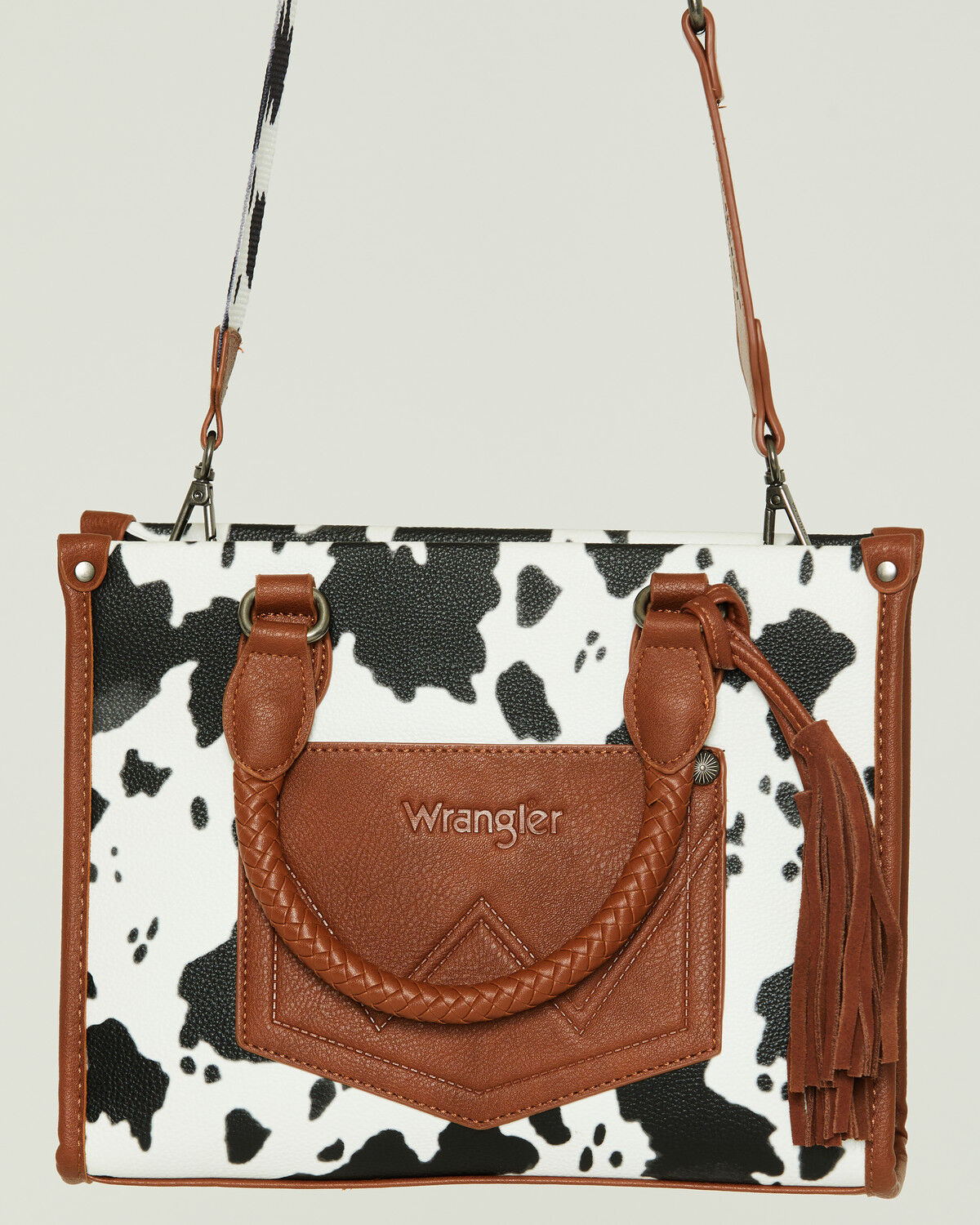 Image #3 - Wrangler Women's Boot Barn Exclusive Daisy Cow Print Tote with Tassel, Brown, hi-res