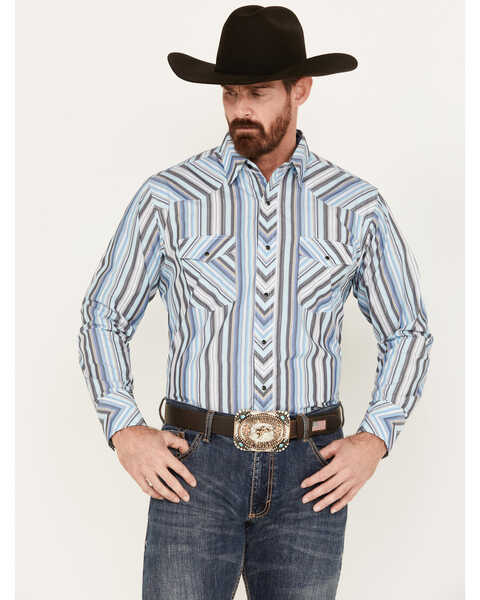 Image #1 - Wrangler Men's Silver Edition Striped Print Long Sleeve Snap Western Shirt, Blue, hi-res
