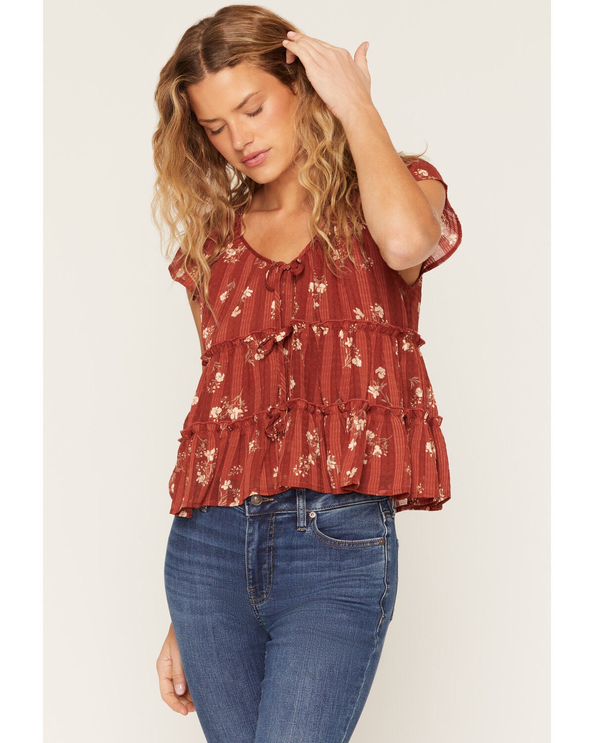 Ash & Violet Women's Boot Barn Exclusive Floral Print Tie Front Tiered Blouse, Copper, hi-res