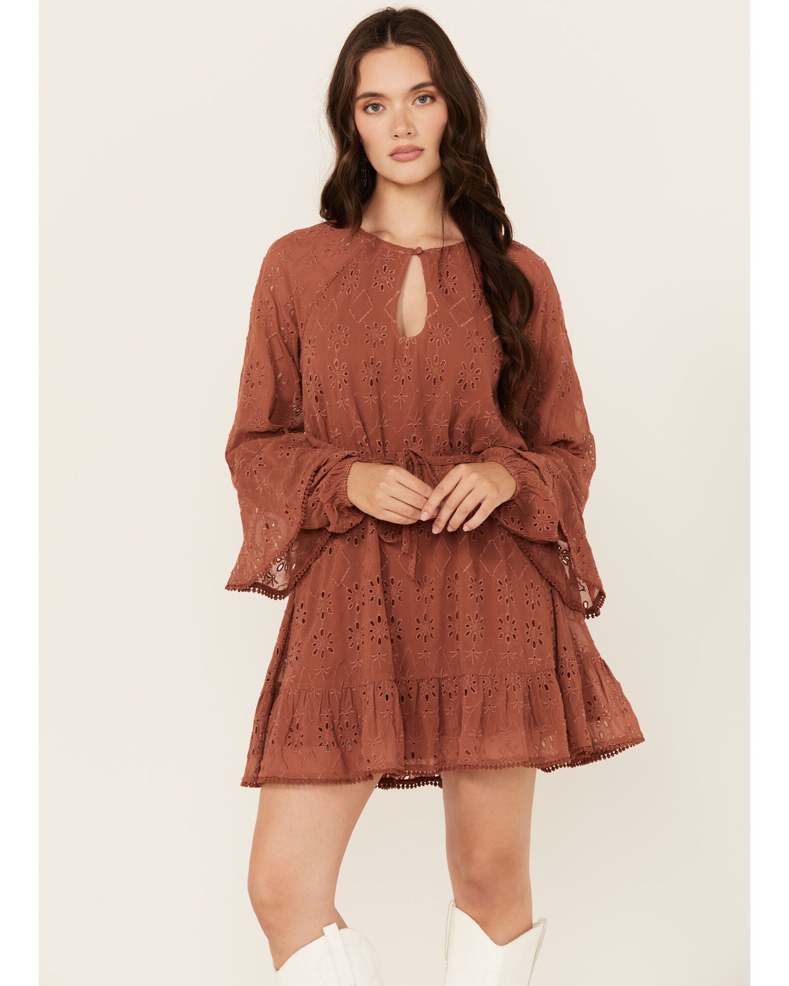 Shyanne Women's Ruffle Lace Long Sleeve Mini Dress, Chestnut