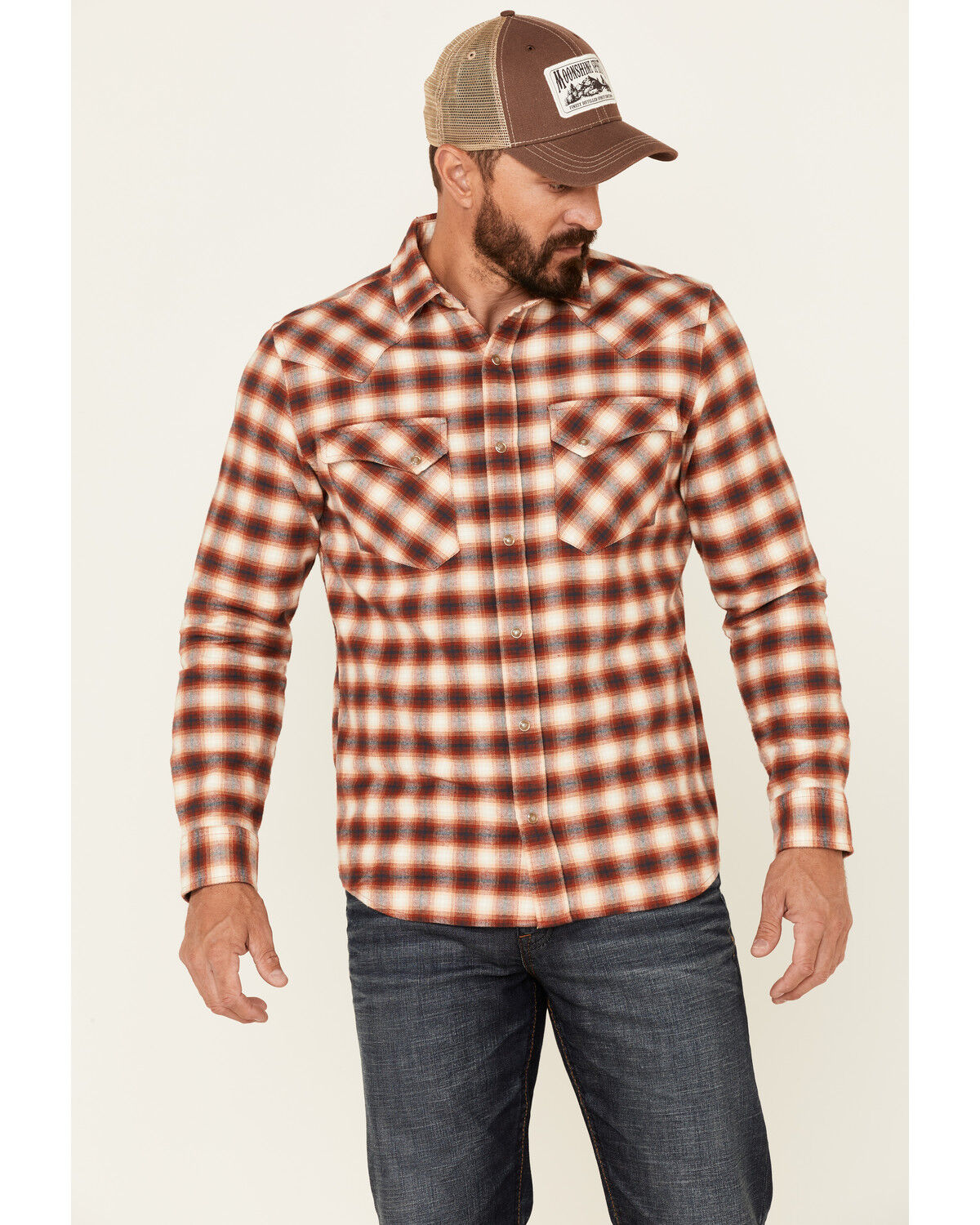 Image #1 - Pendleton Men's Red Wyatt Small Plaid Long Sleeve Snap Western Shirt, Red, hi-res