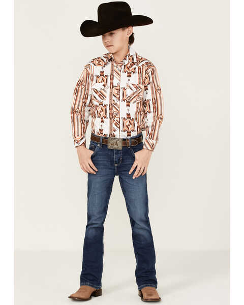 Image #2 - Rock & Roll Denim Boys' Southwestern Print Long Sleeve Pearl Snap Stretch Western Shirt, Natural, hi-res