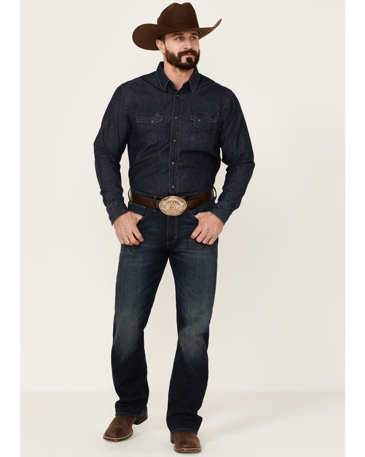 Image #3 - Blue Ranchwear Men's Heavyweight Dark Wash Denim Snap Western Shirt, Dark Blue, hi-res