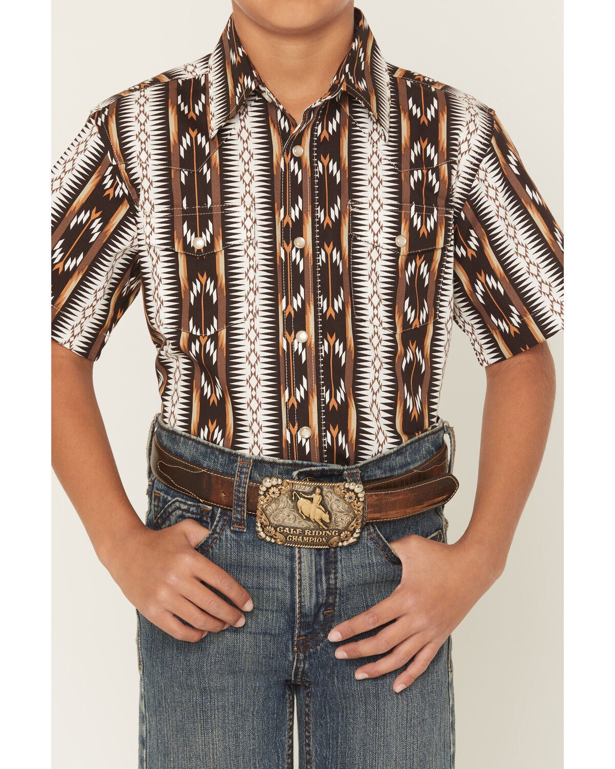 Image #3 - Wrangler Boys' Checotah Southwestern Striped Short Sleeve Pearl Snap Western Shirt, Brown, hi-res