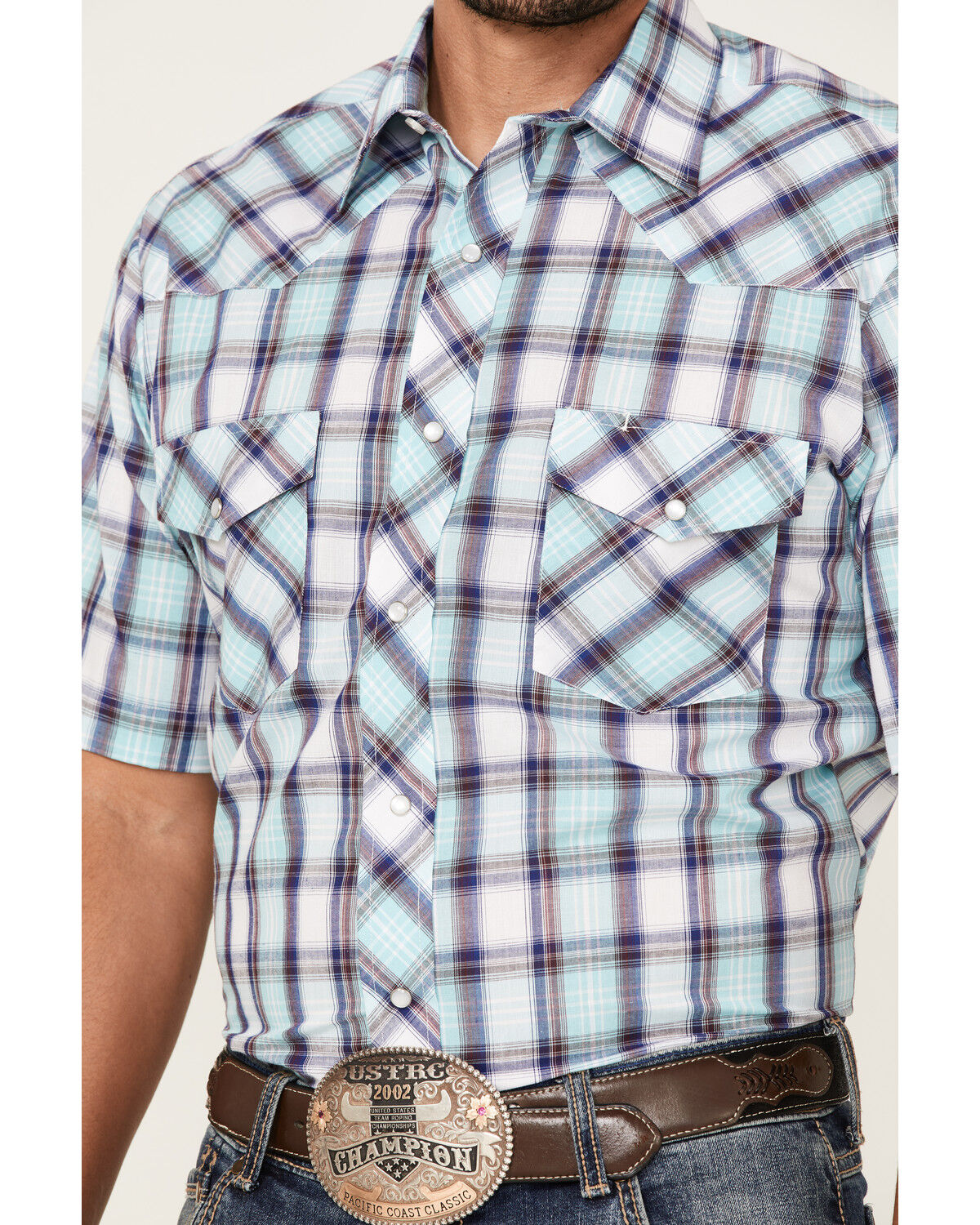 Image #3 - Roper Men's Classic Large Plaid Short Sleeve Pearl Snap Western Shirt, Blue, hi-res
