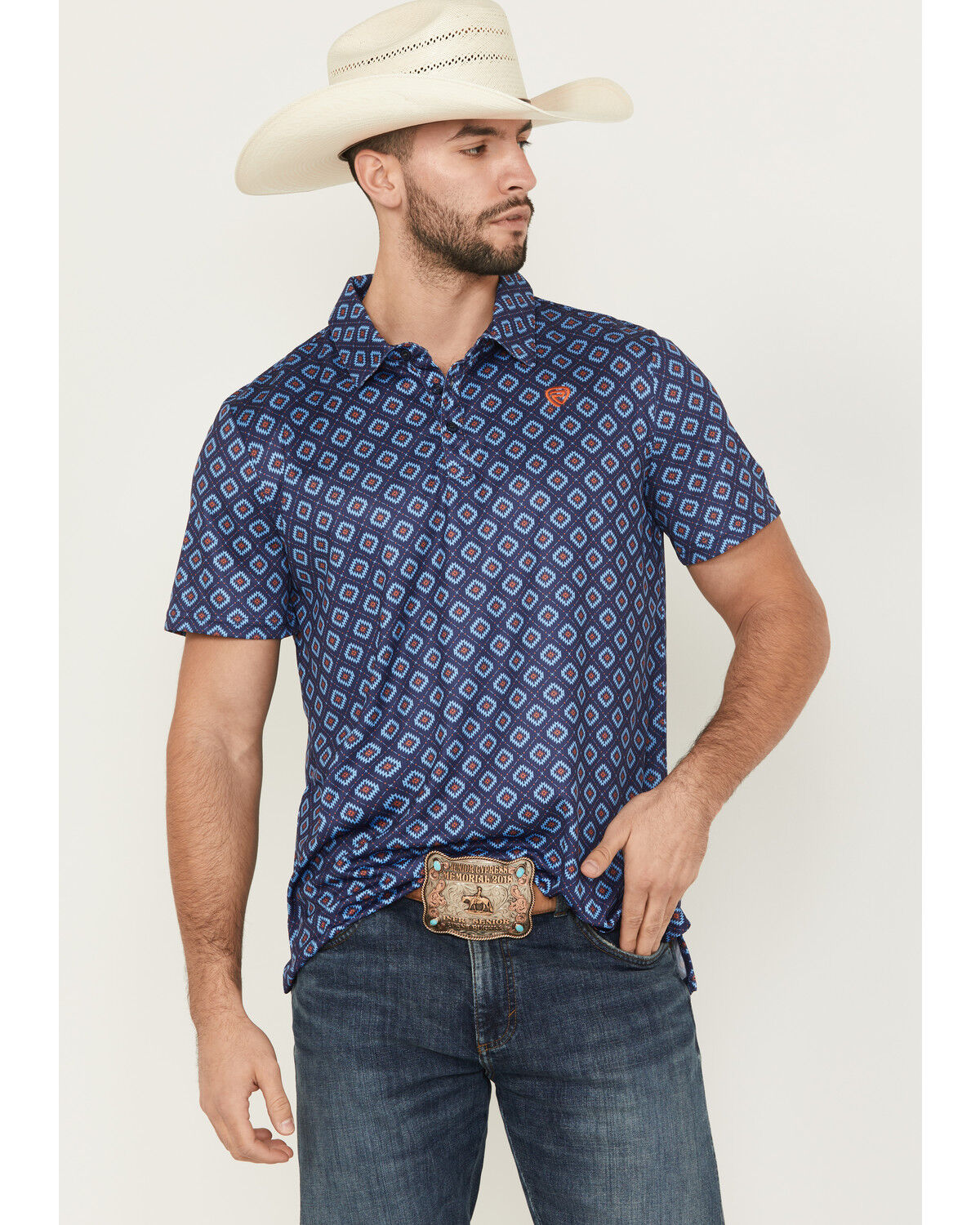 Image #1 - Rock & Roll Denim Southwestern Print Short Sleeve Button-Down Polo, Navy, hi-res