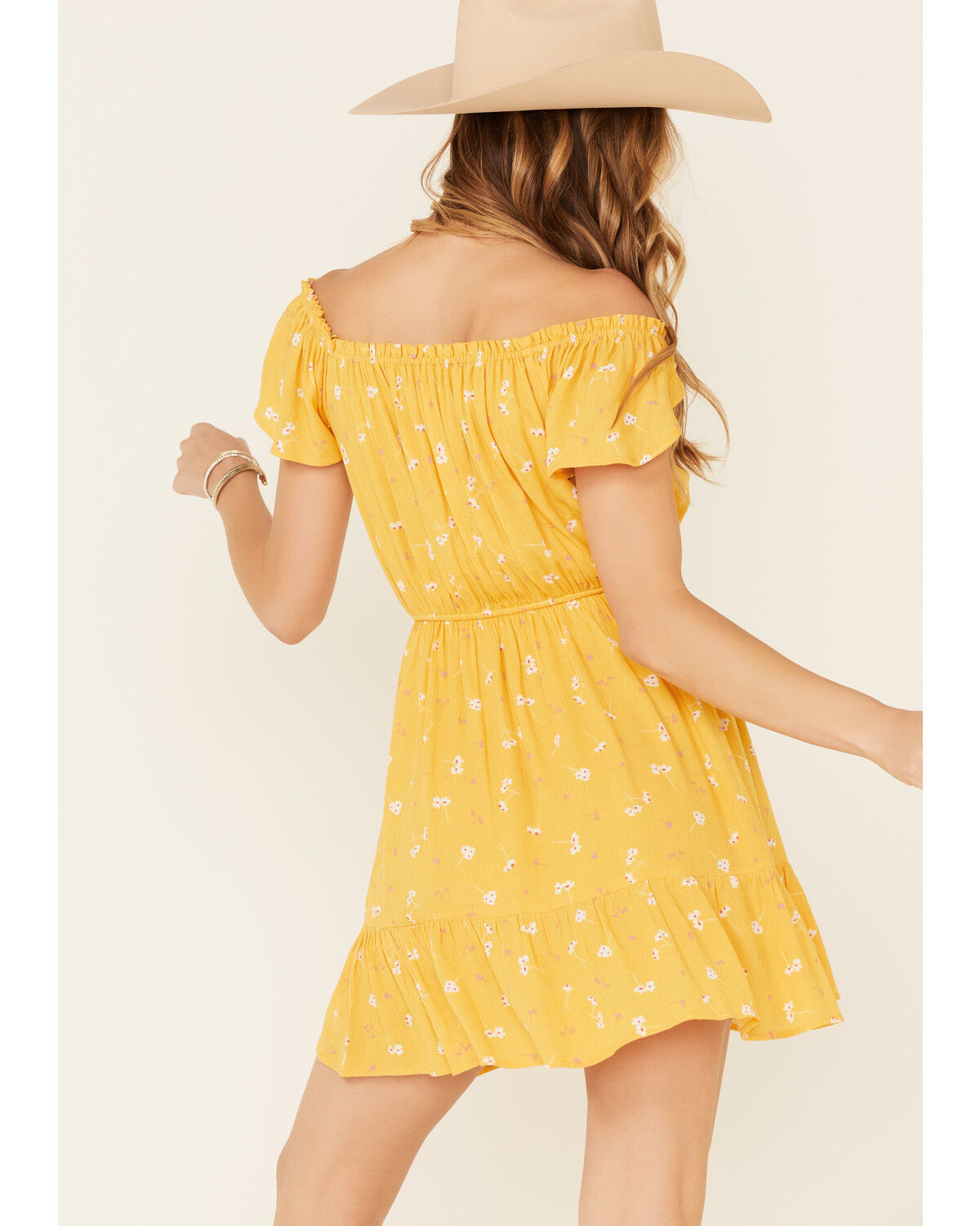 Image #4 - Miss Me Women's Floral Button Front Off-Shoulder Mini Dress, Yellow, hi-res