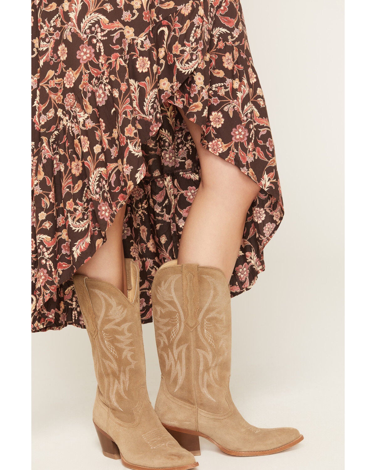 Image #2 - Shyanne Women's Dunham Floral Print High-Low Ruffle Hem Midi Skirt, Cognac, hi-res