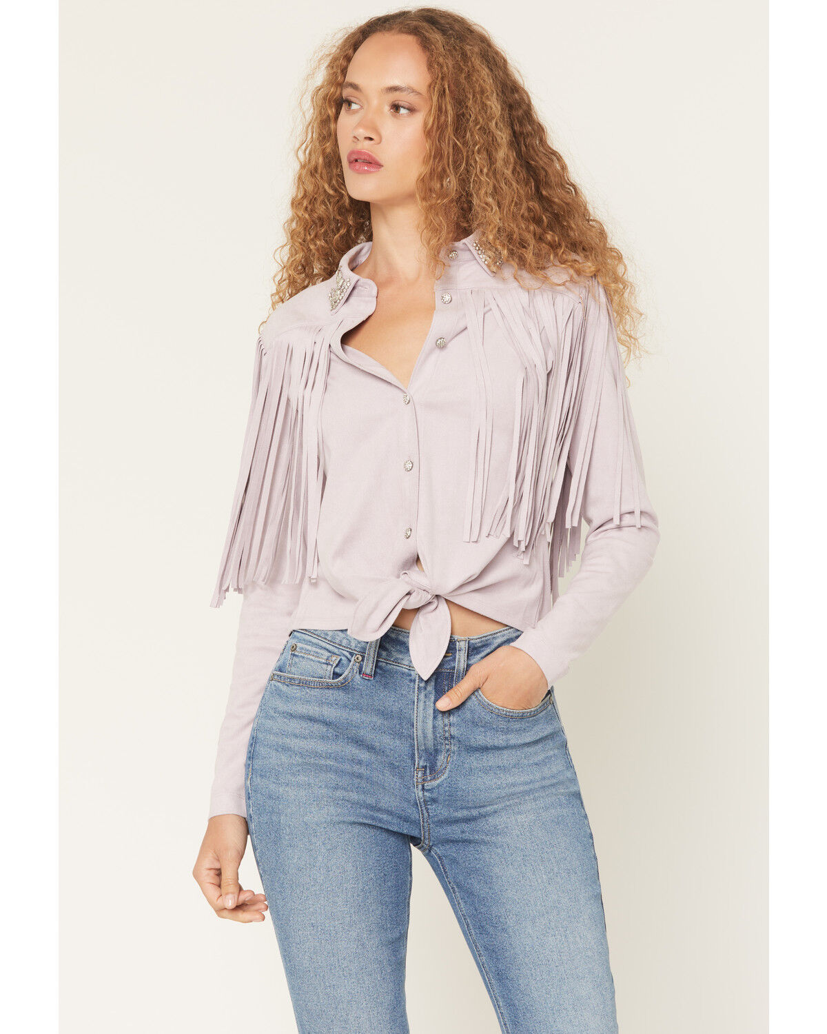 Image #1 - Idyllwind Women's Twinpines Faux Suede Button-Down Tie-Front Top, Lilac, hi-res