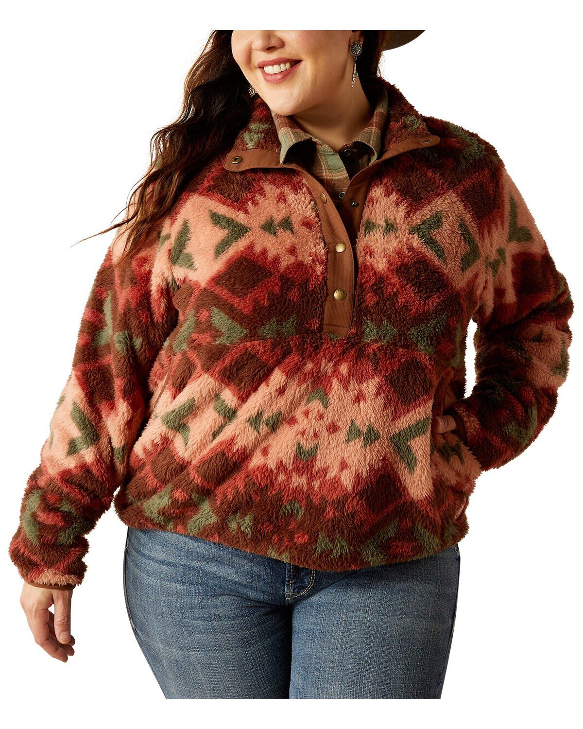 Image #1 - Ariat Women's Southwestern Print Berber Snap Pullover - Plus, Pink, hi-res