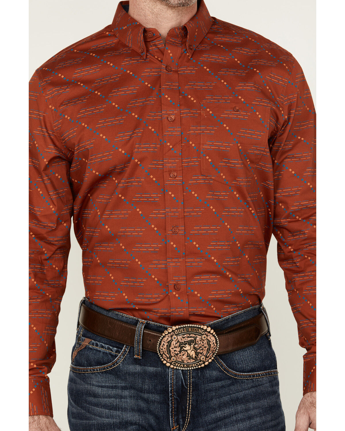 Image #3 - RANK 45® Men's Maputo Printed Long Sleeve Button-Down Performance Stretch Western Shirt, Dark Orange, hi-res