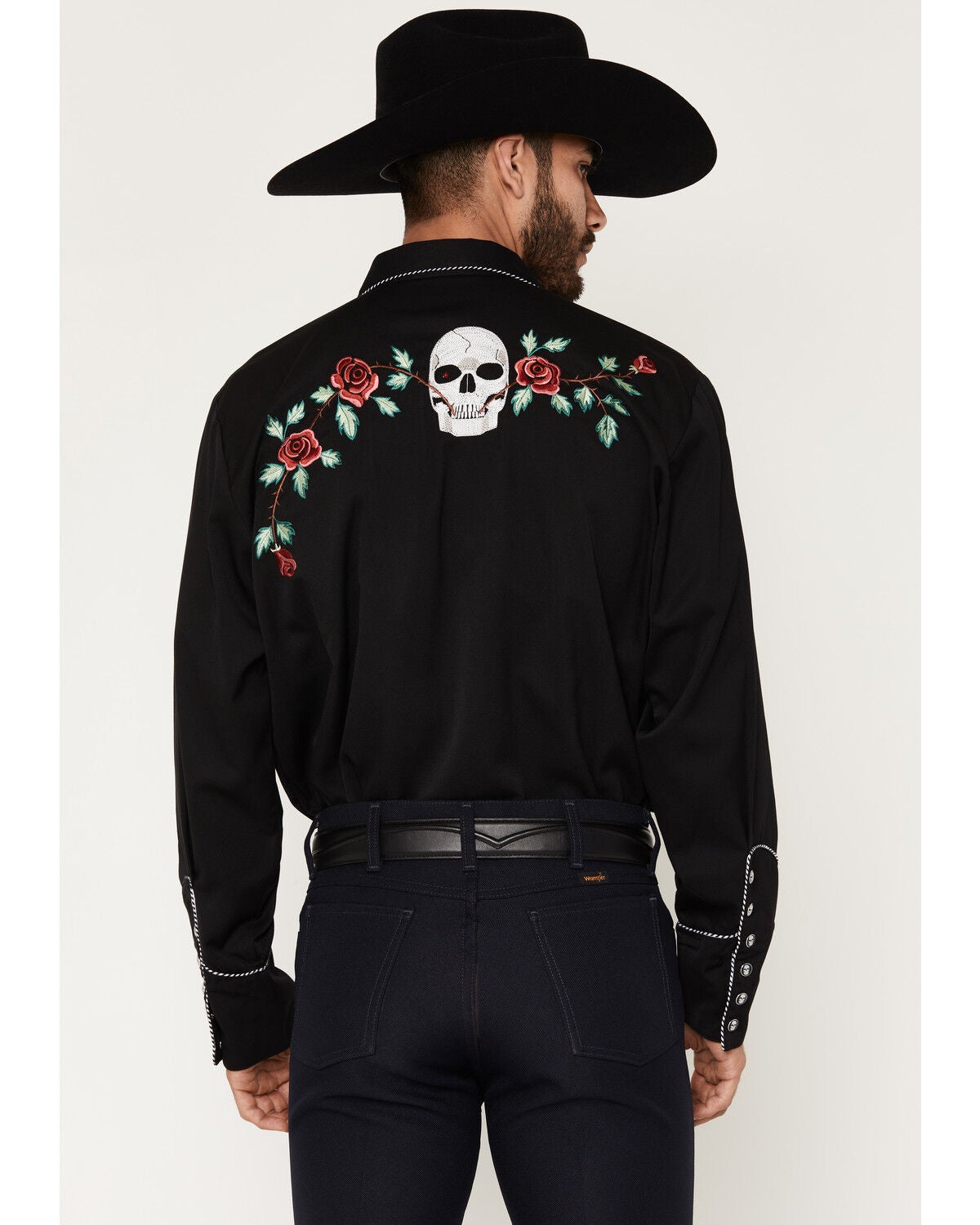 Image #4 - Scully Men's Skull & Roses Embroidered Retro Long Sleeve Western Shirt, Black, hi-res