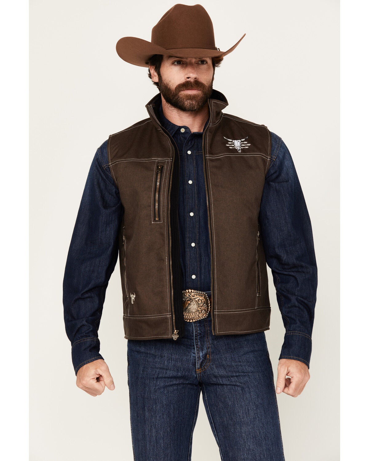 Cowboy Hardware Men's Live Free Woodsman Softshell Vest, Chocolate, hi-res