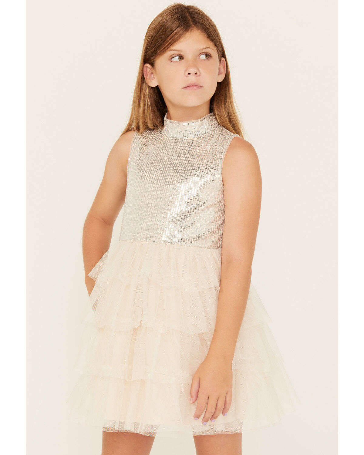 Image #1 - Sugar California Girls' Sequin Ruffle Sleeveless Dress, Silver, hi-res