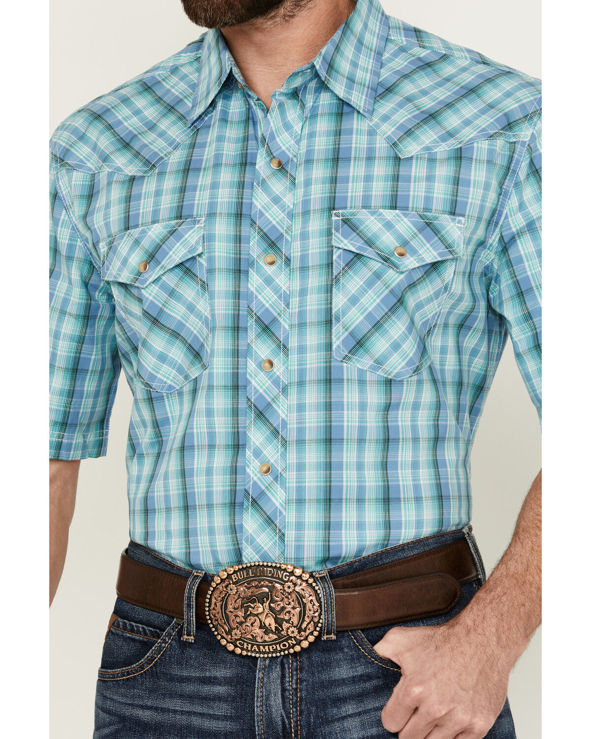 Image #3 - Wrangler 20X Men's Plaid Print Short Sleeve Snap Stretch Western Shirt, Blue, hi-res