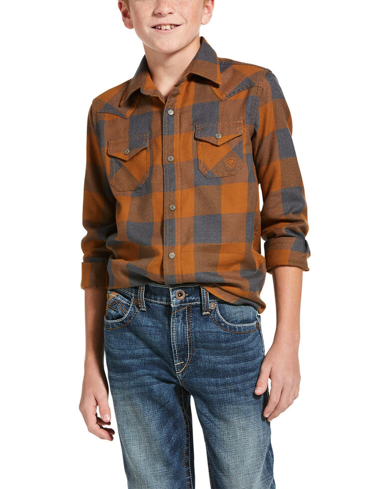 Ariat Boys' Hayward Retro Plaid Long Sleeve Western Shirt , Rust Copper, hi-res