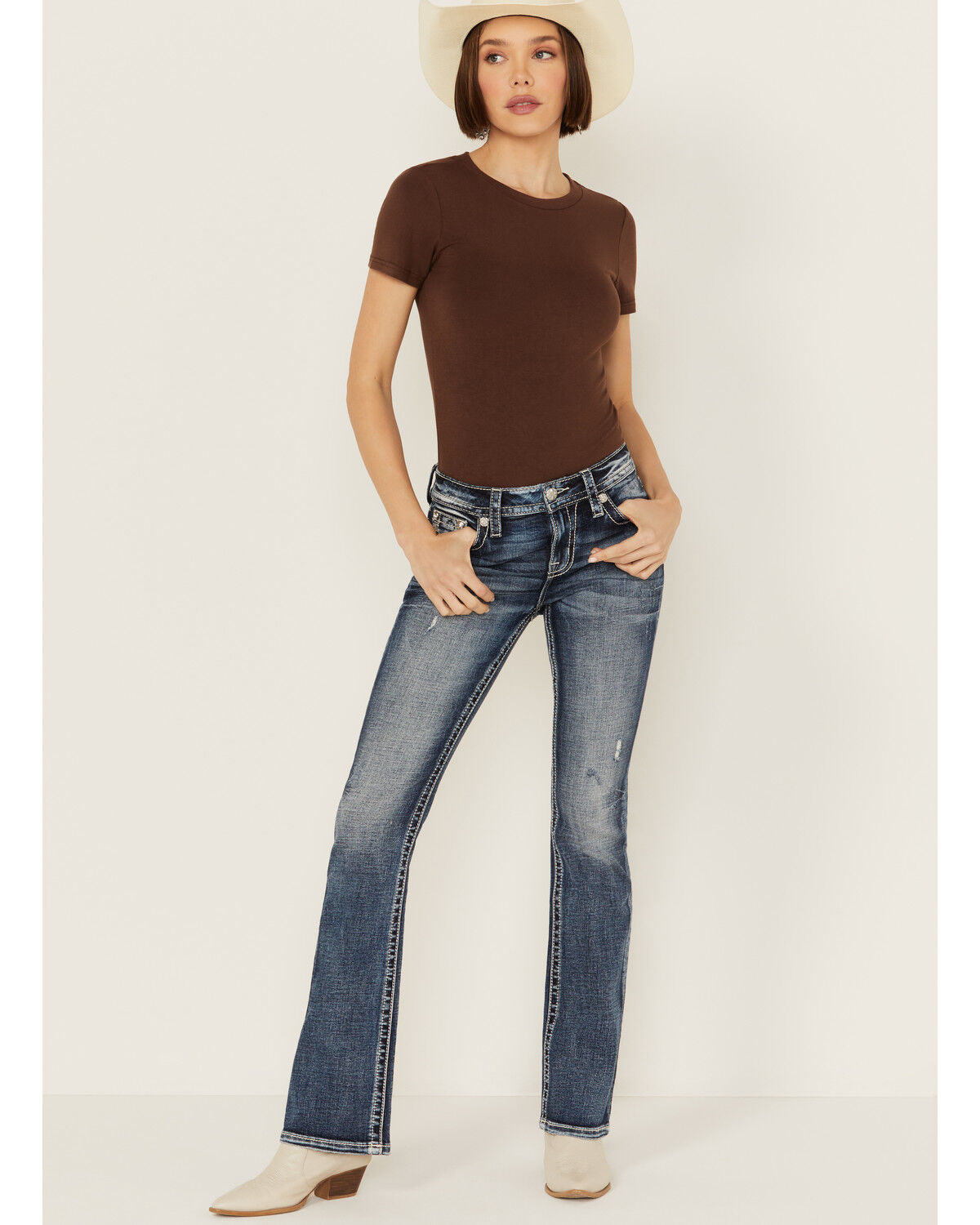 Image #3 - Miss Me Women's Dark Wash Mid Rise Bootcut Stretch Denim Jeans, Dark Wash, hi-res