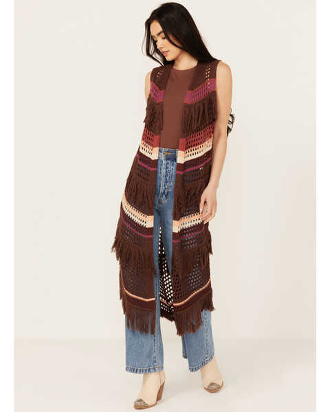 Image #1 - Shyanne Women's Long Striped Crochet Fringe Sweater Vest , Dark Brown, hi-res