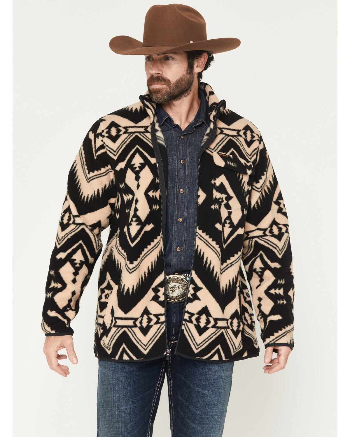 Wrangler Men's Lightweight Full Zip Southwestern Print Sherpa Jacket, Black, hi-res