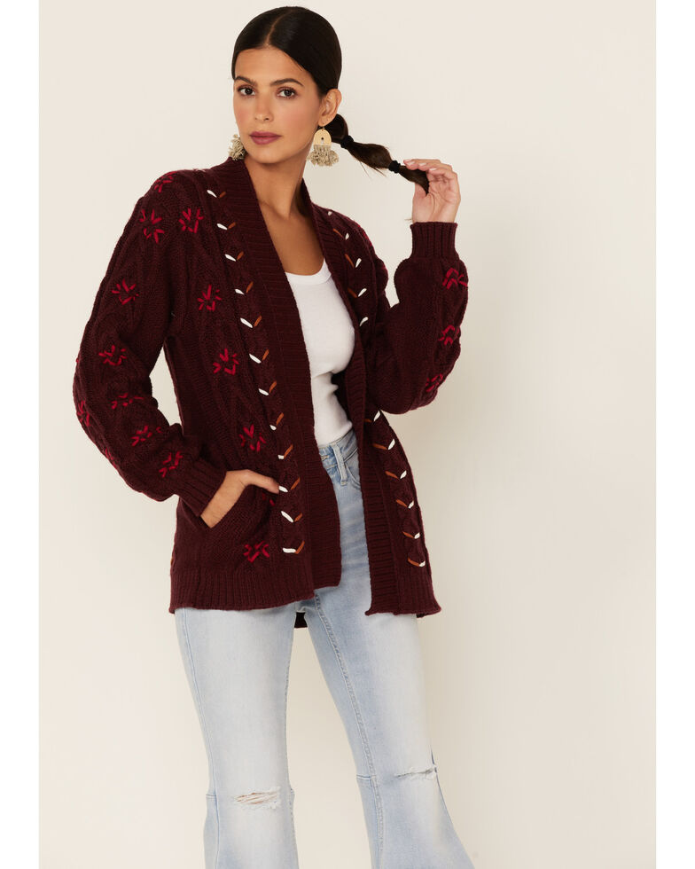 Shyanne Women's Burgundy Relaxed Stitched Cardigan Sweater, Burgundy, hi-res