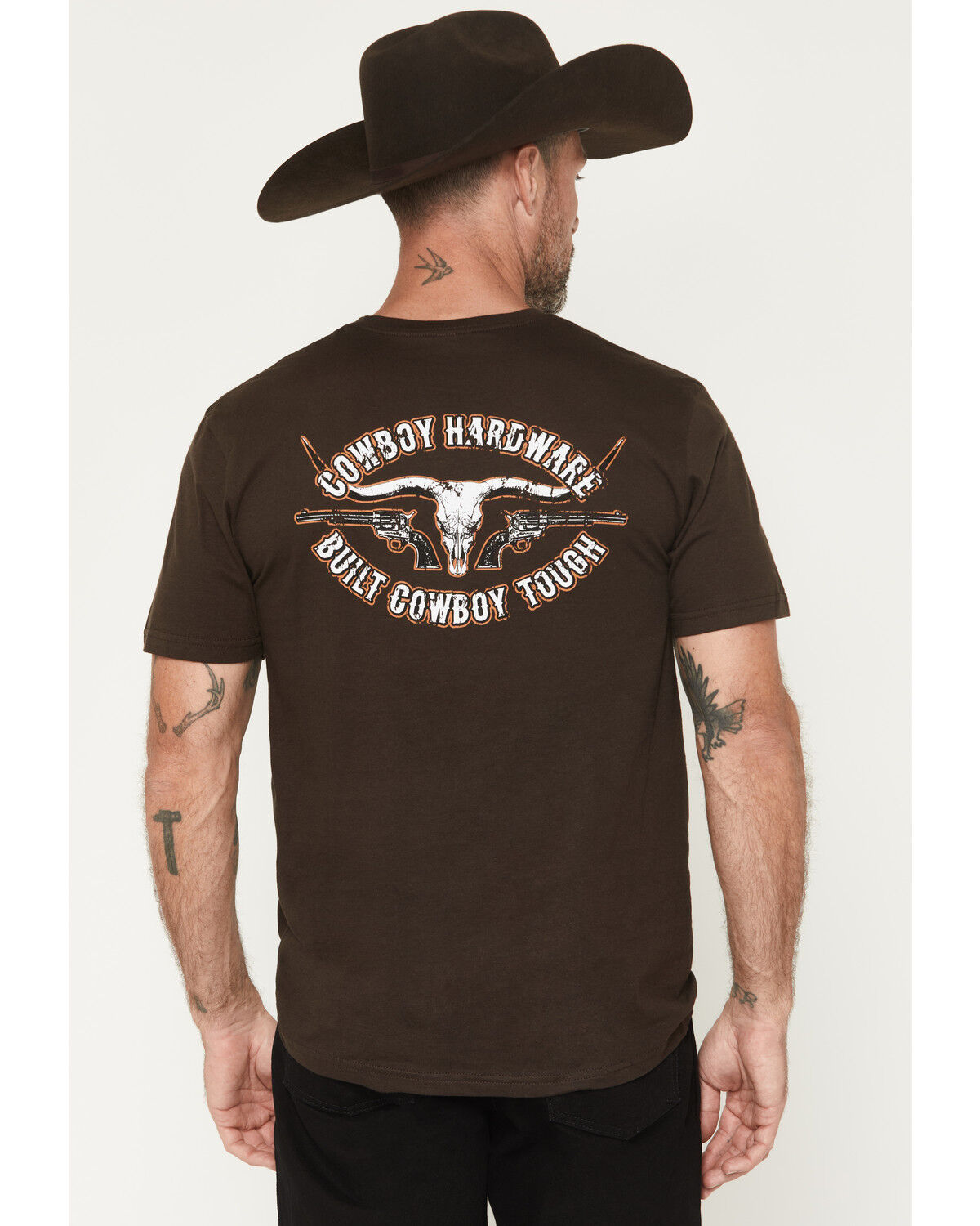 Image #1 - Cowboy Hardware Men's Boot Barn Exclusive Built Cowboy Tough Short Sleeve Graphic T-Shirt, Dark Brown, hi-res