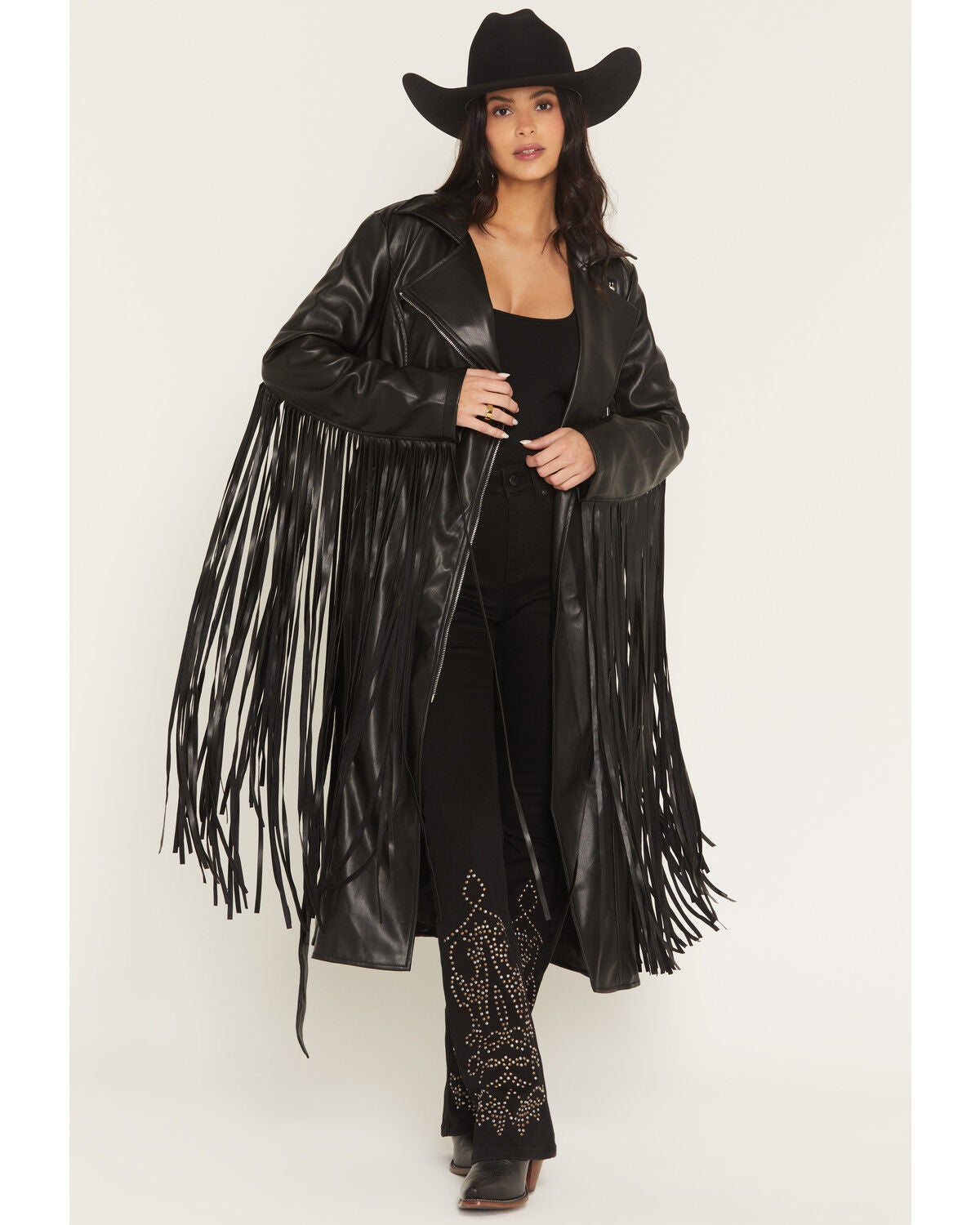 Azalea Wang Women's Fringe Faux Leather Coat, Black, hi-res