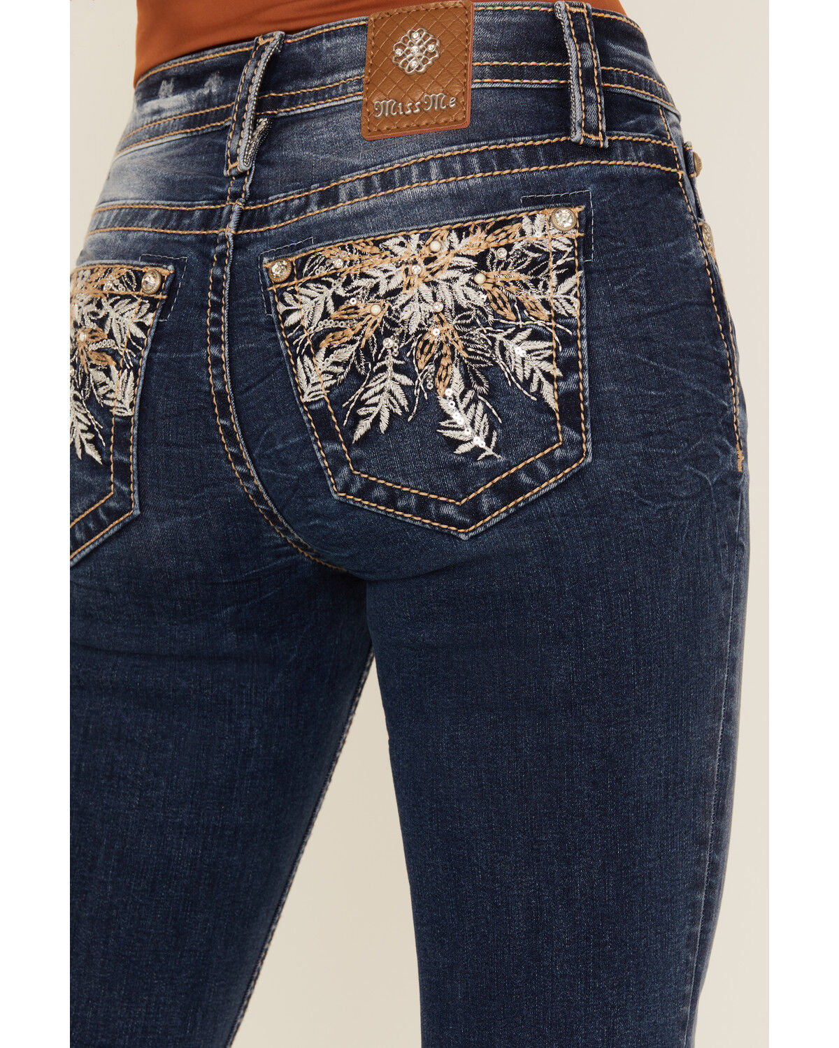 Image #2 - Miss Me Women's Dark Wash Mid Rise Leaf Pocket Bootcut Stretch Denim Jeans, Dark Wash, hi-res