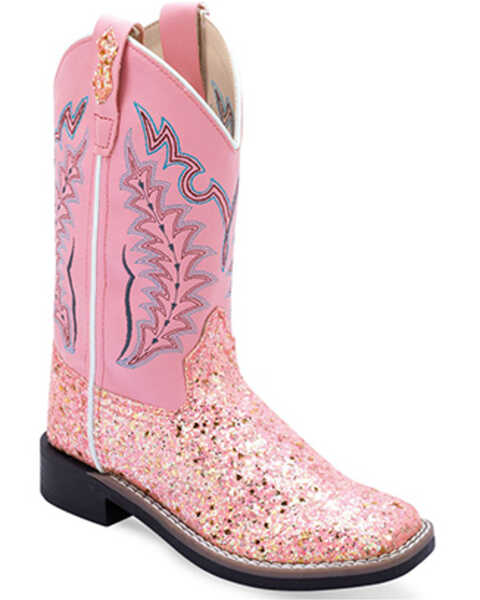 Old West Girls' Fancy Stitch Western Boots - Broad Square Toe , Pink, hi-res