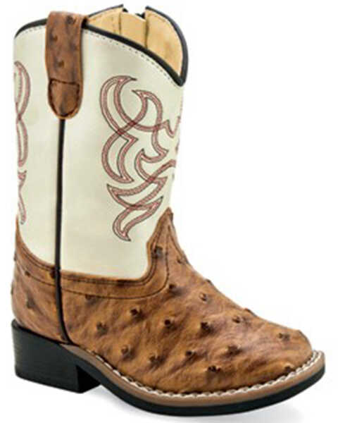 Old West Toddler Boys' Ostrich Print Western Boots - Broad Square Toe, Brown, hi-res