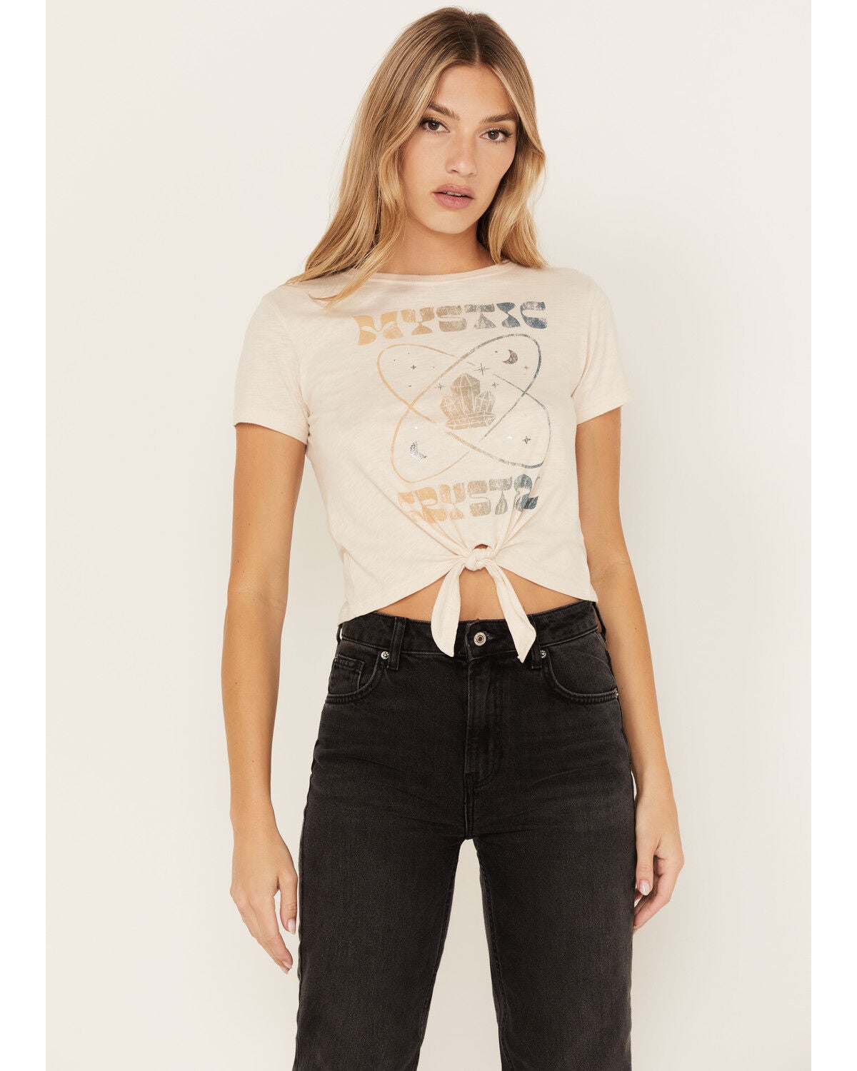 Shyanne Women's Mystic Crystal Tie Front Graphic Tee, Sand, hi-res