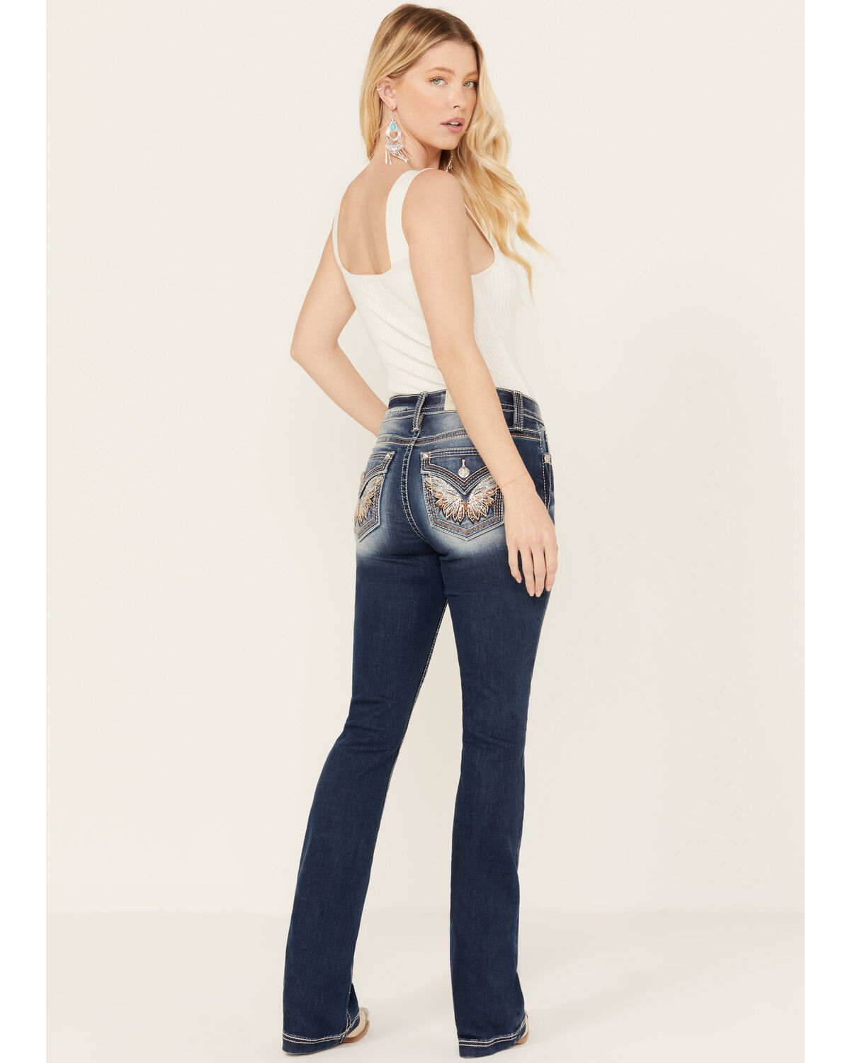 Image #1 - Miss Me Women's Medium Wash Mid Rise Saddle Stitch Angle Wing Bootcut Jeans, Medium Wash, hi-res