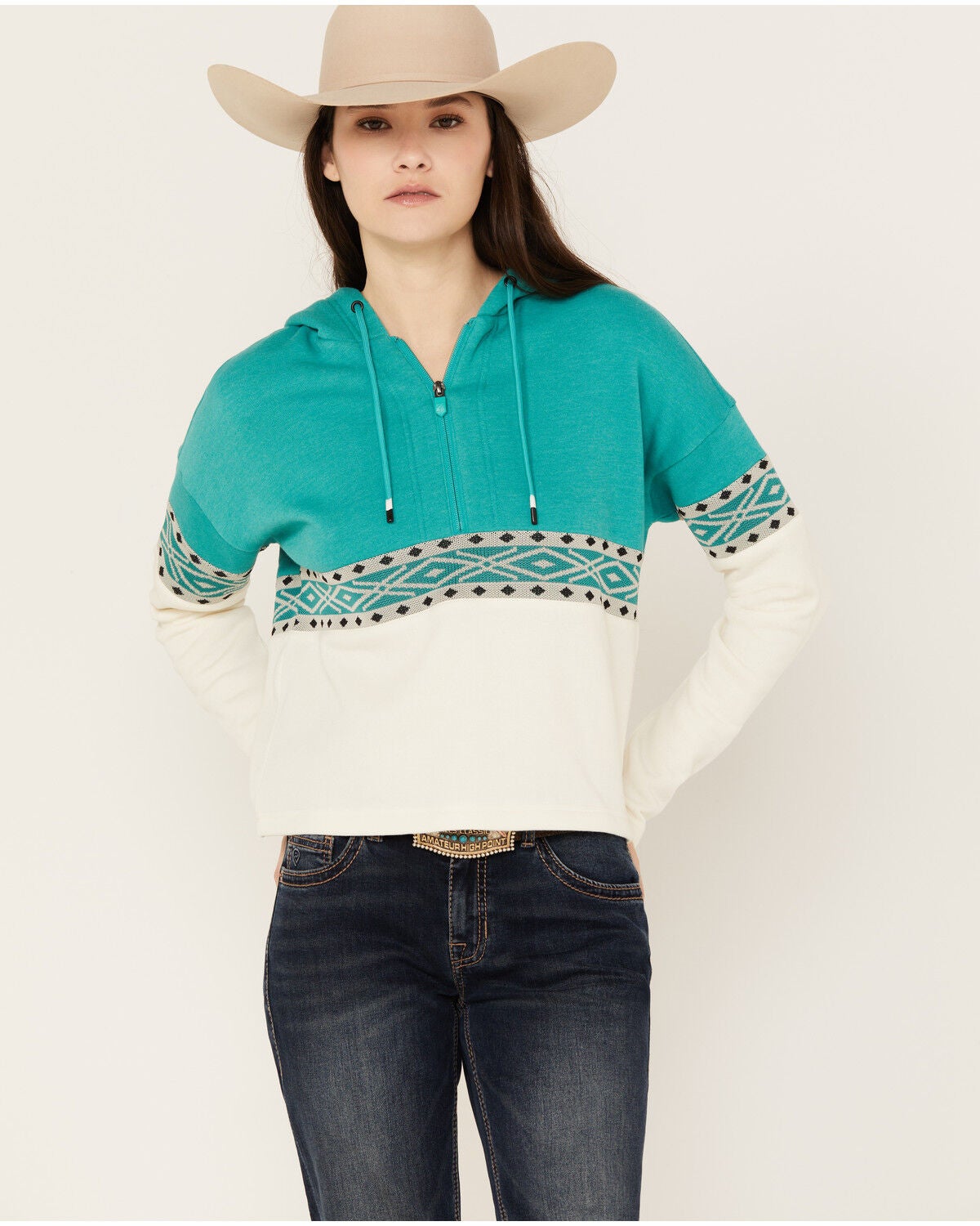 RANK 45&reg; Women's Half Zip Hooded Pullover, Teal, hi-res