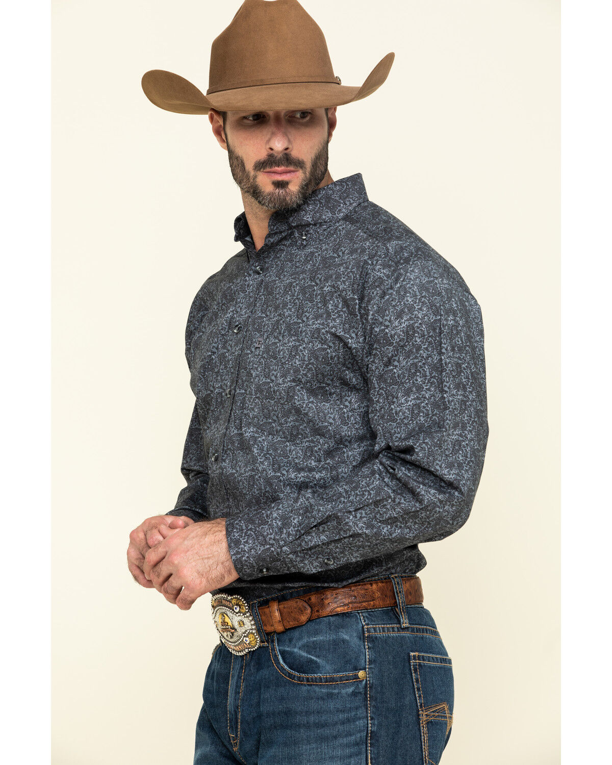 Image #3 - Tuf Cooper Men's Black Stretch Paisley Poplin Print Long Sleeve Western Shirt, Charcoal, hi-res
