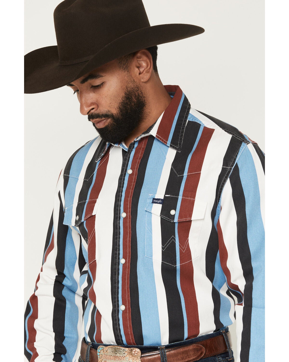 Image #2 - Wrangler Men's Vintage Brushpopper Striped Print Long Sleeve Snap Western Shirt, Blue, hi-res