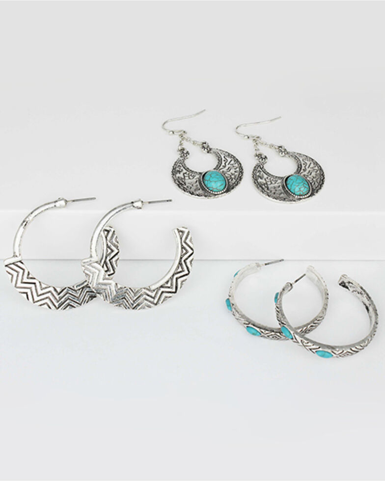 Prime Time Jewelry Women's 3-piece Silver & Turquoise Hoop and Dangle Earrings Set, Silver, hi-res