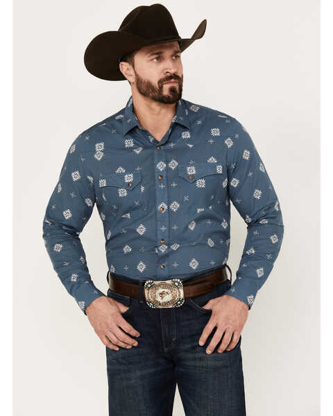 Pendleton Men's Laramie Diamond Print Long Sleeve Snap Western Shirt, Blue, hi-res