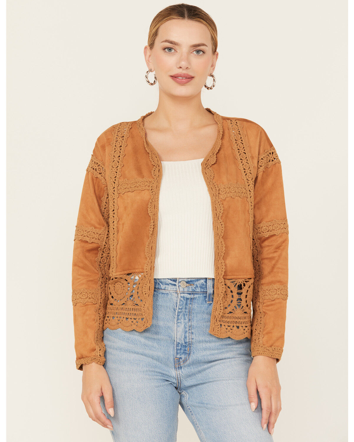 Image #1 - Miss Me Women's Crochet Faux Suede Jacket, Rust Copper, hi-res