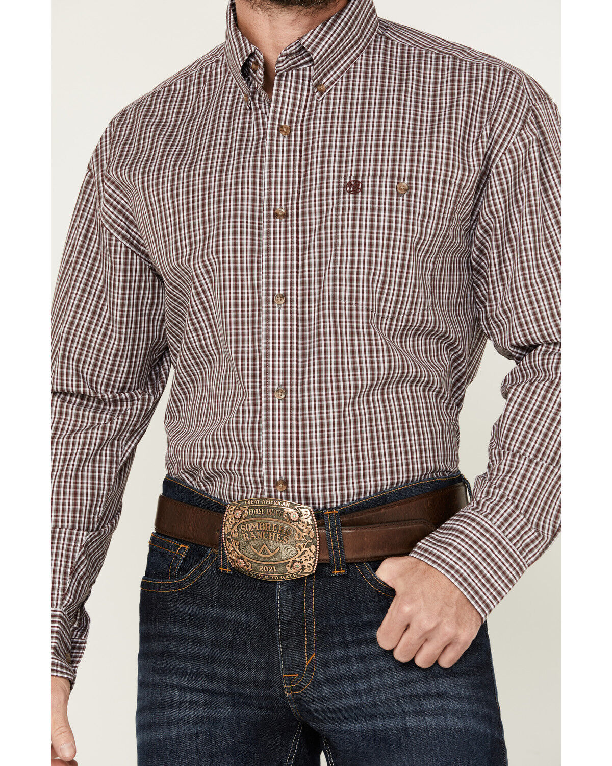 Image #3 - Wrangler Men's Classics Plaid Print Long Sleeve Button-Down Western Shirt - Big, Burgundy, hi-res