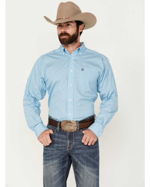 Image #1 - Ariat Men's Wrinkle Free Ricky Geo Print Long Sleeve Button-Down Western Shirt , Light Blue, hi-res