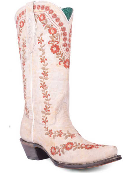 Corral Women's Flowered Embroidery Blacklight Western Boots - Snip Toe, White, hi-res