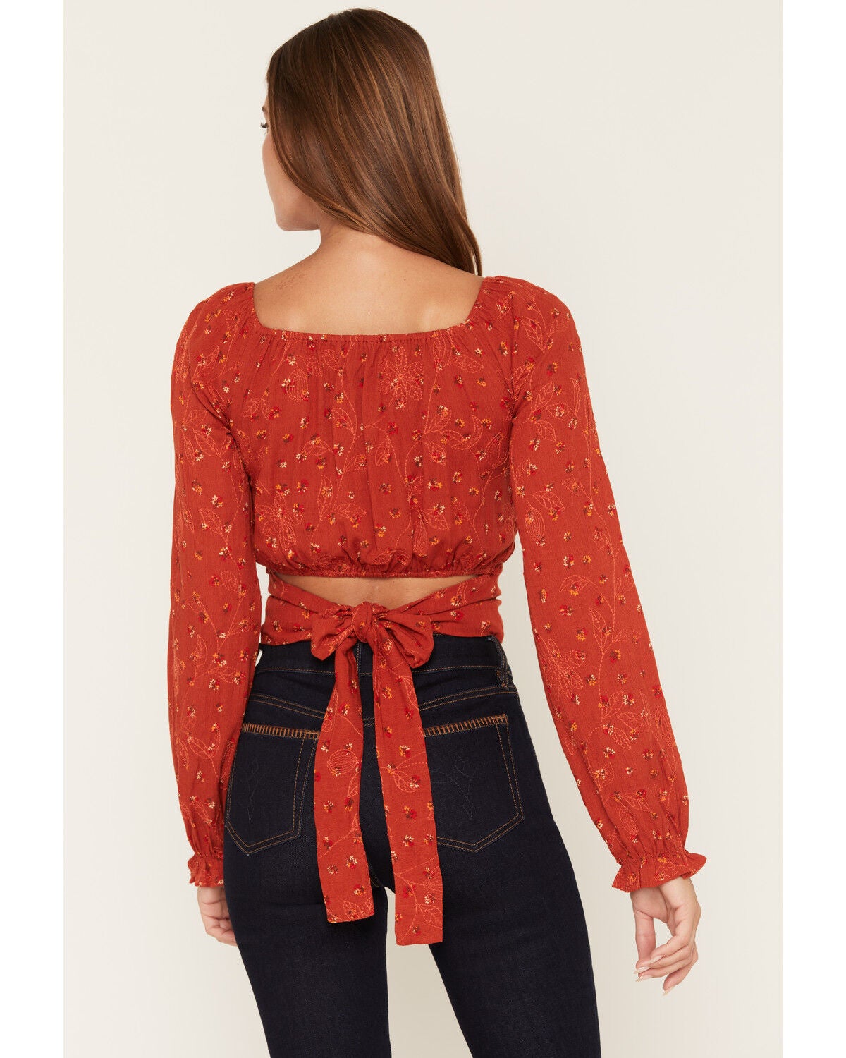 Image #4 - Wild Moss Women's Boot Barn Exclusive Floral Embroidered Tie-Back Top, Rust Copper, hi-res