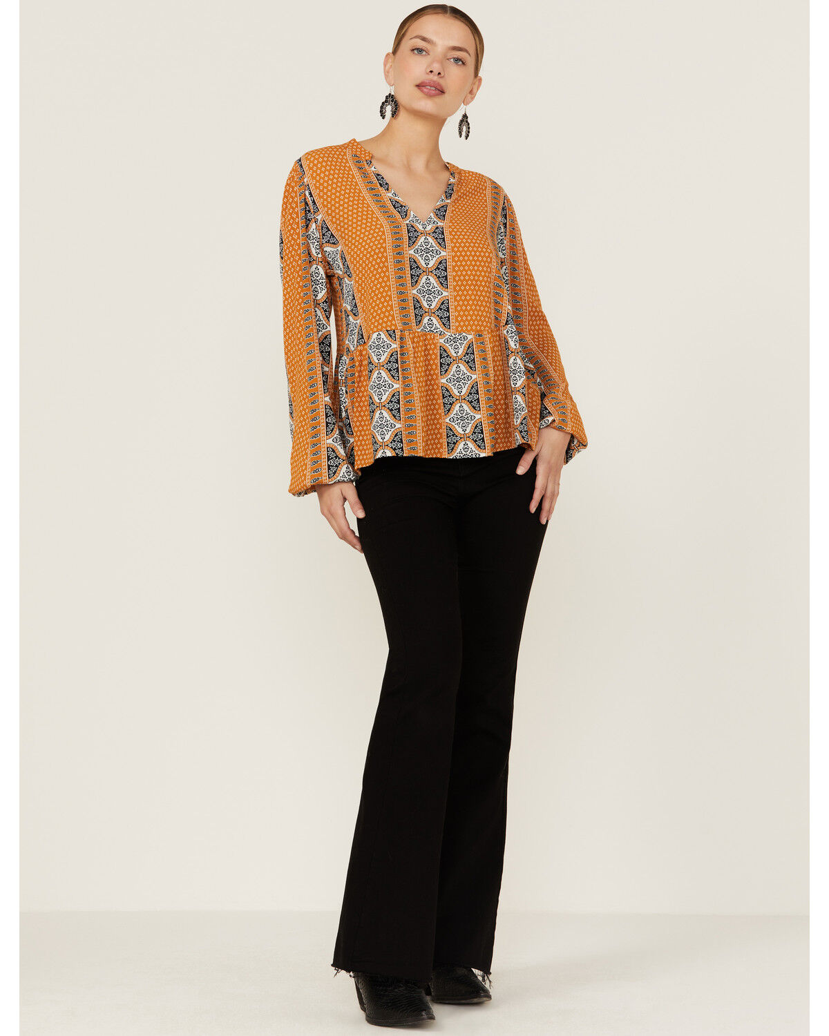 Image #4 - Wrangler Retro Women's Split Neck Peplum Print Mustard Peasant Top, Dark Yellow, hi-res