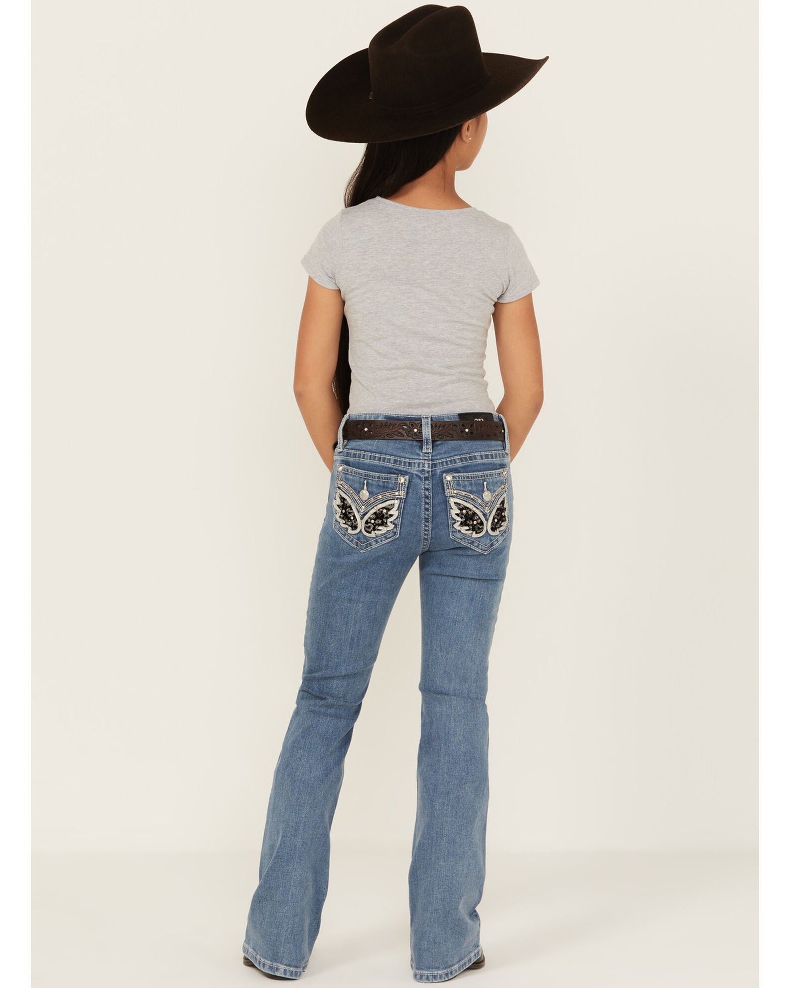 Image #1 - Miss Me Girls' Light Wash Winged Pocket Bootcut Stretch Denim Jeans, Black, hi-res